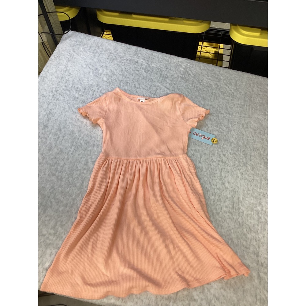 Cat & Jack Girls Peach Sorbet Ribbed‎ Short Sleeve Lettuce Edge Dress Size M 8